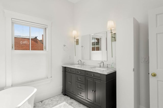 23 Union St Unit 2, Salem, MA 01970 - full bath featuring marble look tile flooring, double vanity, and a freestanding bath