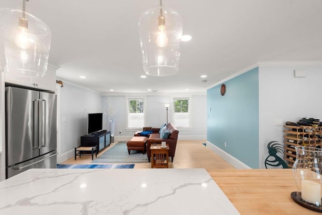 23 Union St Unit 2, Salem, MA 01970 - living room featuring ornamental molding, light wood-style flooring, and recessed lighting