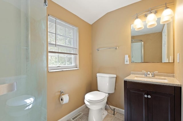 bathroom featuring toilet, tile patterned floors, baseboards, a shower, and visible vents