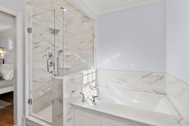 bathroom with ornamental molding and plus walk in shower