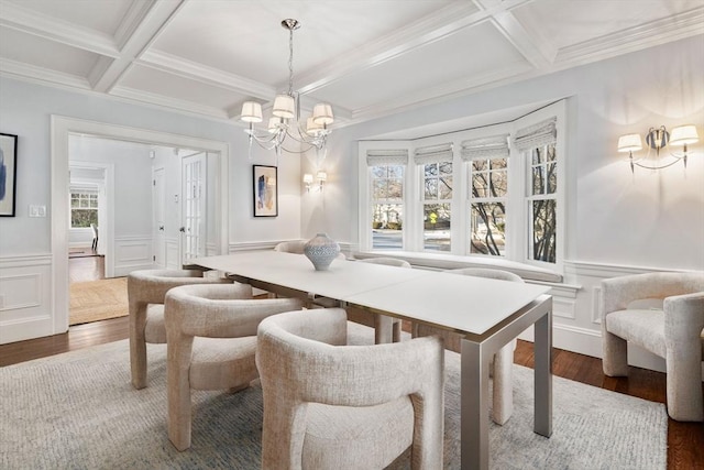 dining area featuring coffered ceiling, an inviting chandelier, crown molding, dark hardwood / wood-style floors, and beam ceiling