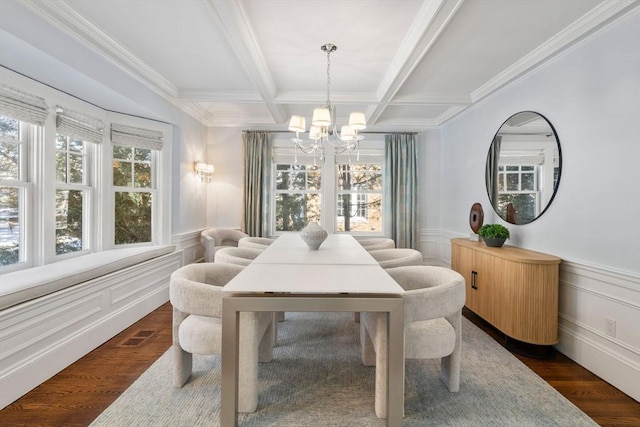 dining space featuring coffered ceiling, crown molding, dark hardwood / wood-style floors, a notable chandelier, and beamed ceiling