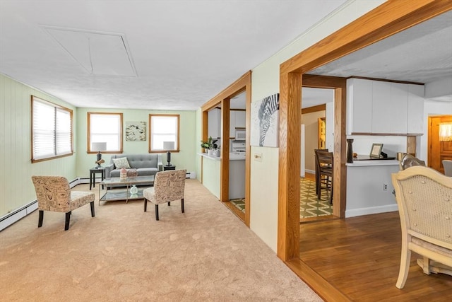 35 Freeman Ave, Boston, MA 02132 - living room featuring attic access, wood finished floors, and a baseboard radiator