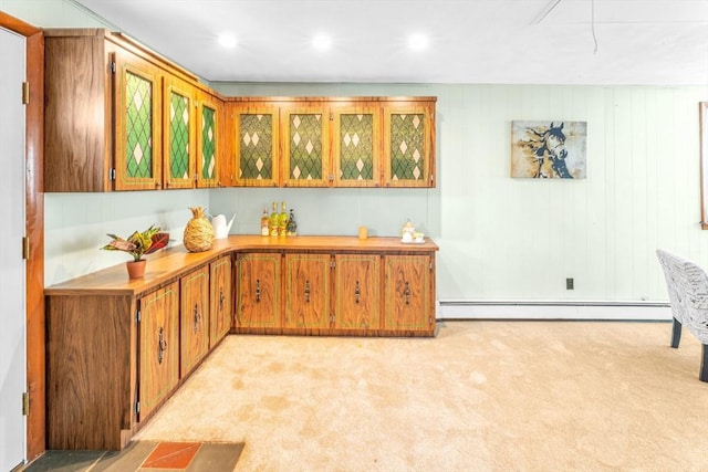 35 Freeman Ave, Boston, MA 02132 - kitchen featuring baseboard heating, light colored carpet, brown cabinets, and recessed lighting
