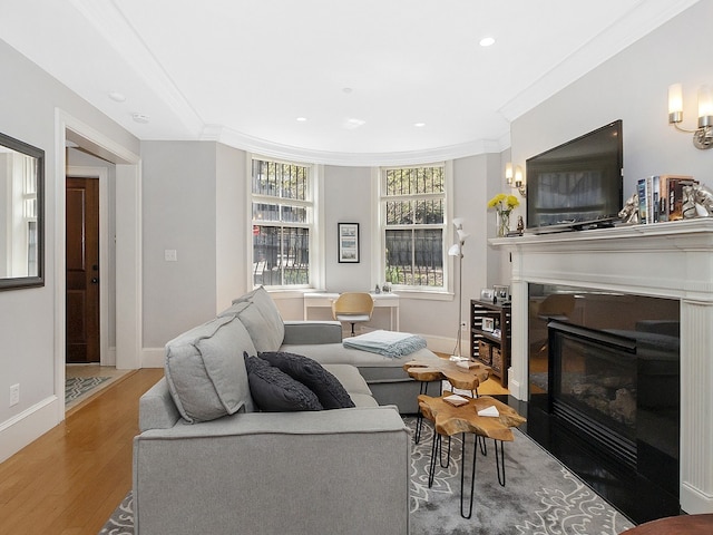 living room featuring a glass covered fireplace, crown molding, baseboards, and wood finished floors