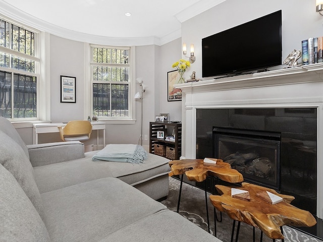 living room with crown molding, a fireplace, and a wealth of natural light