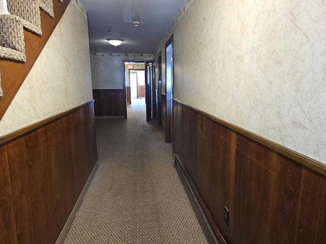 hallway featuring wooden walls, a wainscoted wall, and carpet