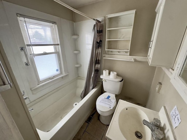 full bathroom featuring shower / bath combination with curtain, sink, toilet, and tile patterned flooring