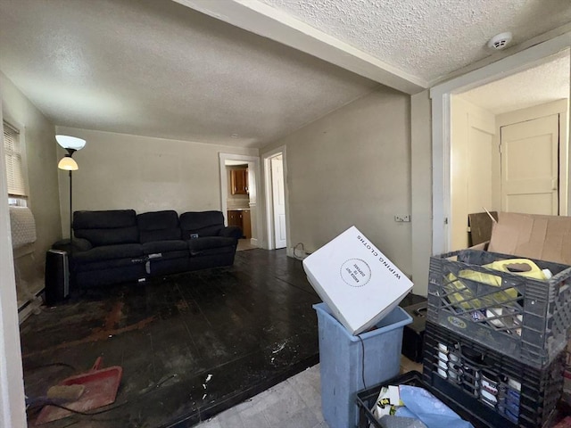 living room with a textured ceiling