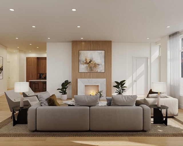 living room with a premium fireplace and light hardwood / wood-style floors