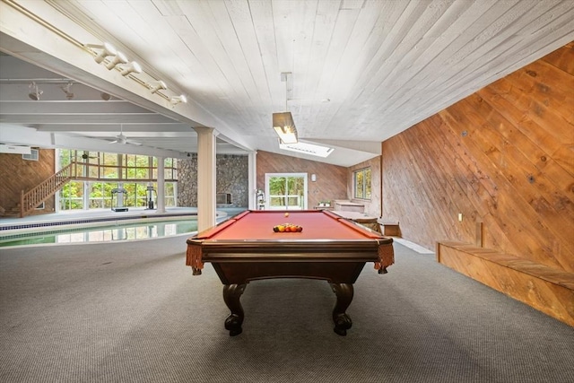 recreation room featuring carpet, pool table, wood walls, vaulted ceiling, and wooden ceiling