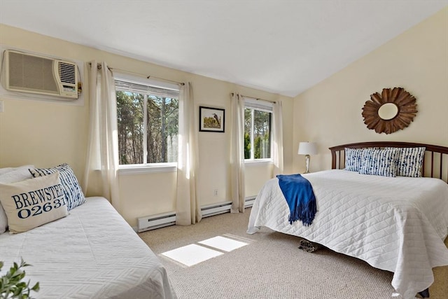 bedroom with carpet floors, a baseboard radiator, an AC wall unit, and lofted ceiling