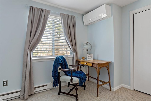 office featuring carpet, baseboards, a baseboard radiator, and a wall unit AC