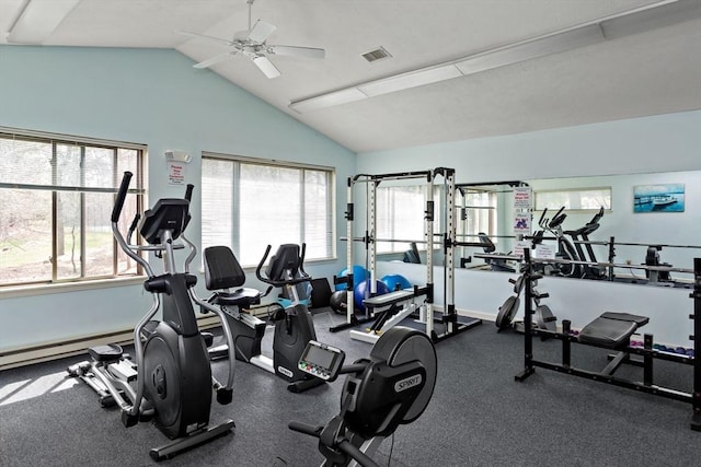 gym featuring plenty of natural light, a ceiling fan, vaulted ceiling, and visible vents