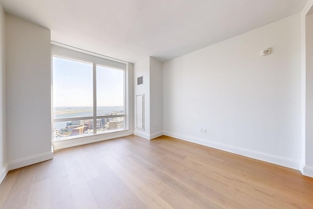 unfurnished room with a water view and light hardwood / wood-style flooring