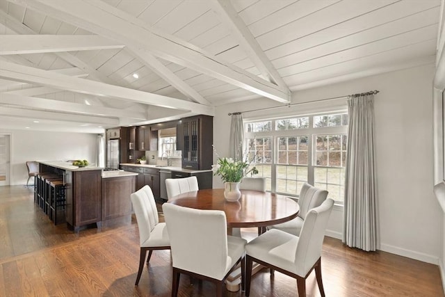 dining space with lofted ceiling with beams, plenty of natural light, and wood finished floors