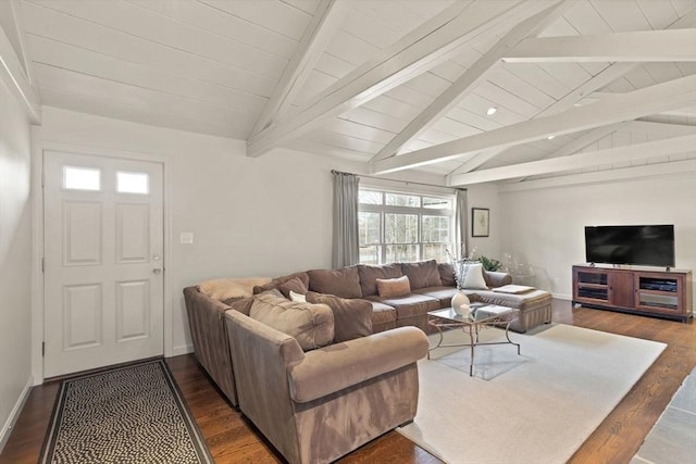 living room with wooden ceiling, baseboards, dark wood finished floors, and vaulted ceiling with beams