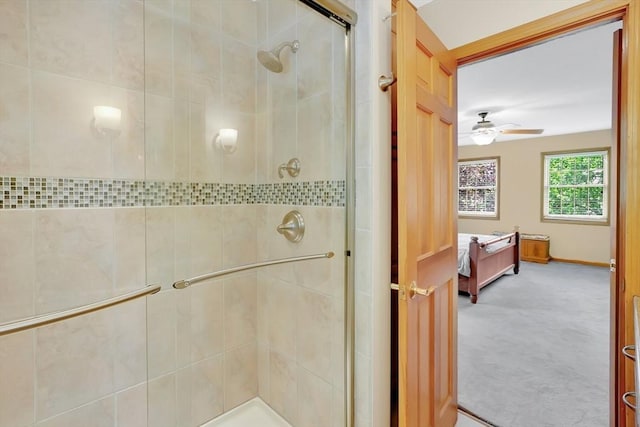 5 Evergreen Cir, Wilbraham, MA 01095 - ensuite bathroom with a stall shower and ceiling fan