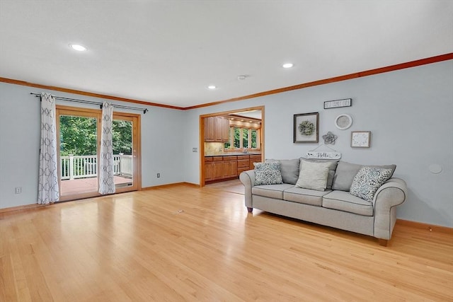 5 Evergreen Cir, Wilbraham, MA 01095 - living room featuring ornamental molding, light wood finished floors, baseboards, and recessed lighting