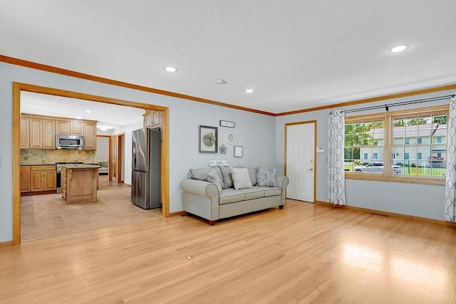 5 Evergreen Cir, Wilbraham, MA 01095 - living area with baseboards, light wood-style flooring, recessed lighting, and crown molding