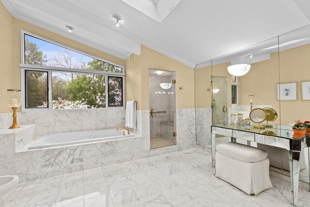 bathroom with lofted ceiling, marble look tile flooring, a shower stall, crown molding, and a bath