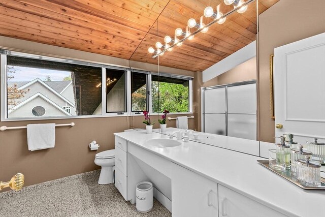 bathroom with wooden ceiling, vanity, toilet, a shower with door, and lofted ceiling
