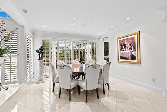 dining area with ornamental molding, light marble finish flooring, recessed lighting, baseboards, and arched walkways