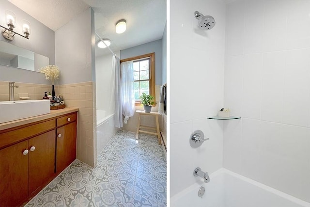 120 Tracy Cir, Amherst, MA 01002 - bathroom featuring tile walls, shower / bath combo with shower curtain, vanity, and tile patterned flooring