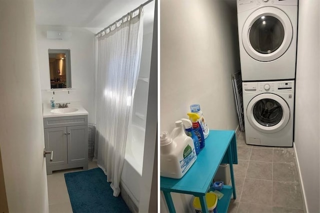 120 Tracy Cir, Amherst, MA 01002 - laundry room featuring stacked washer / dryer, light tile patterned floors, and wet bar