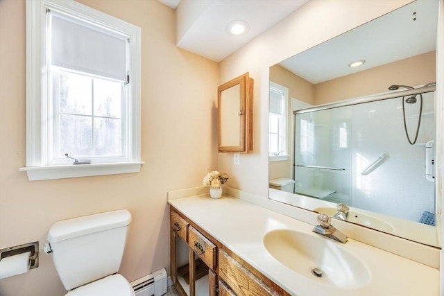 bathroom featuring a shower with shower door, a baseboard radiator, toilet, and vanity