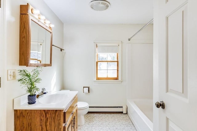 full bathroom with vanity, toilet, shower / bathtub combination, and a baseboard radiator