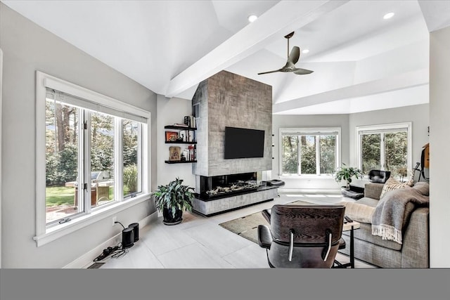 tiled living room featuring a ceiling fan, baseboards, recessed lighting, vaulted ceiling, and a large fireplace