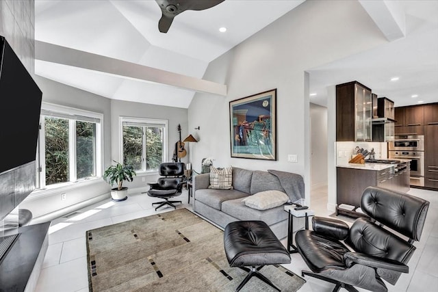 living area featuring visible vents, recessed lighting, light tile patterned floors, ceiling fan, and vaulted ceiling