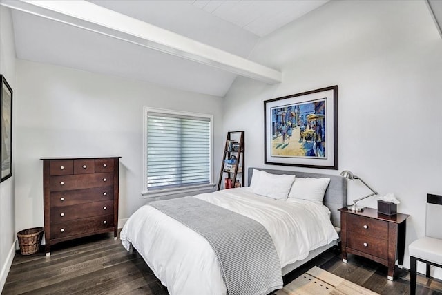 bedroom featuring dark wood-type flooring, vaulted ceiling with beams, and baseboards