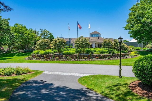 view of community with aphalt driveway and a lawn