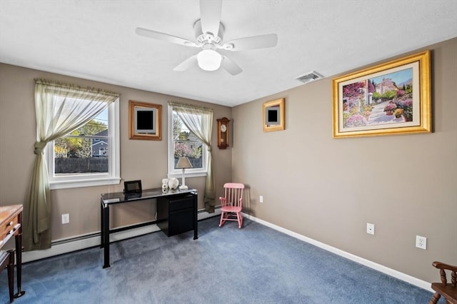 12 Jacobs Ave, Danvers, MA 01923 - carpeted home office featuring a ceiling fan, a baseboard radiator, and baseboards