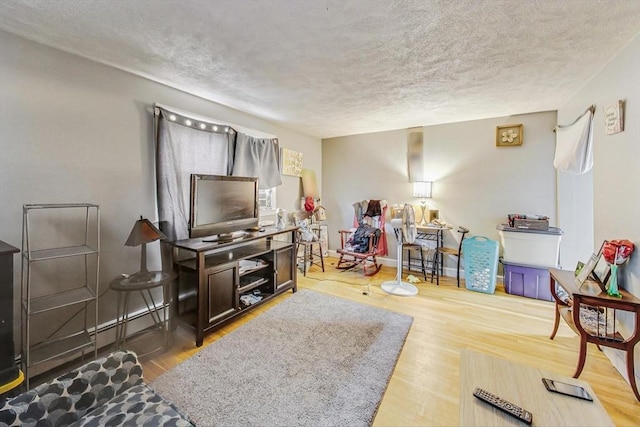 living room featuring hardwood / wood-style flooring and a textured ceiling