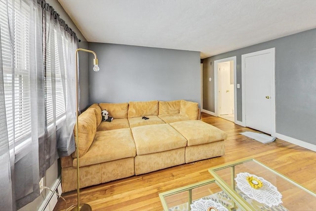 living room featuring wood-type flooring and a baseboard radiator