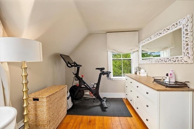22 High St, Hingham, MA 02043 - exercise room featuring light wood finished floors, lofted ceiling, and baseboards