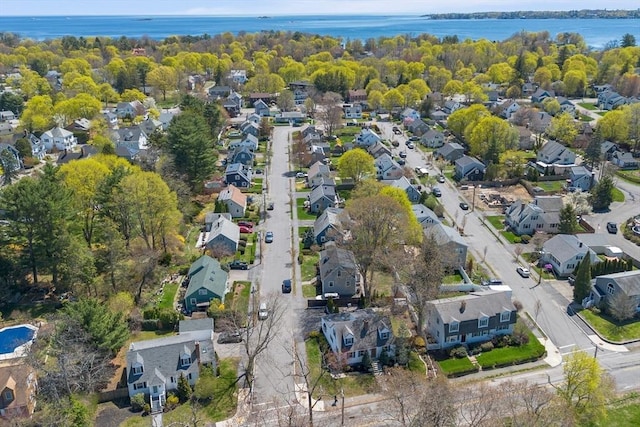aerial view featuring a water view and a residential view