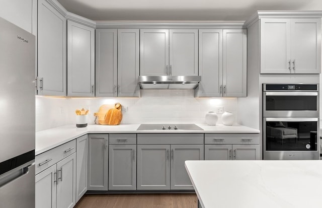 kitchen with stainless steel appliances, gray cabinetry, decorative backsplash, and dark hardwood / wood-style flooring