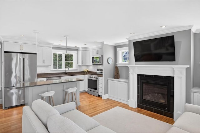 53 W Vine St Unit A, Provincetown, MA 02657 - living area featuring light wood-type flooring, ornamental molding, a glass covered fireplace, and recessed lighting