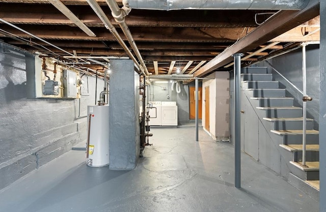 309 E Eagle St, Boston, MA 02128 - unfinished basement featuring gas water heater, washer / clothes dryer, and stairs