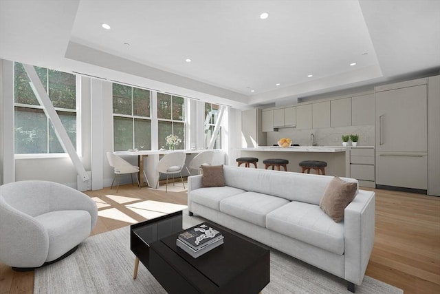 living room with a tray ceiling and light hardwood / wood-style floors