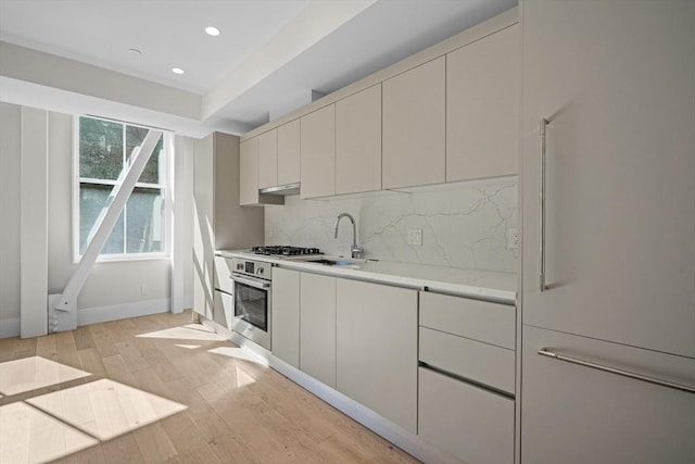 kitchen featuring sink, backsplash, stainless steel appliances, and light wood-type flooring