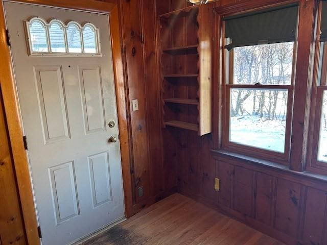 foyer entrance featuring wood walls and wood-type flooring