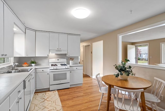 11 Anniversary Way, Billerica, MA 01821 - kitchen featuring white appliances, under cabinet range hood, light wood finished floors, light countertops, and white cabinetry
