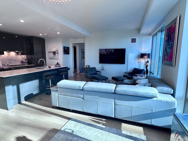 living room featuring sink and hardwood / wood-style flooring