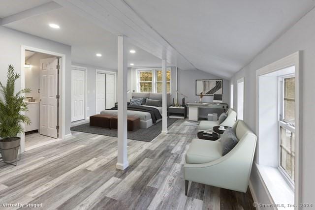 bedroom featuring wood-type flooring, multiple closets, and vaulted ceiling