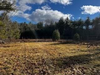 view of yard with a view of trees, a rural view, and fence